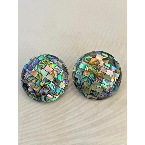 Vtg 1980s Inlaid Shell earrings Abalone mosaic CLIP - Picture 1 of 2
